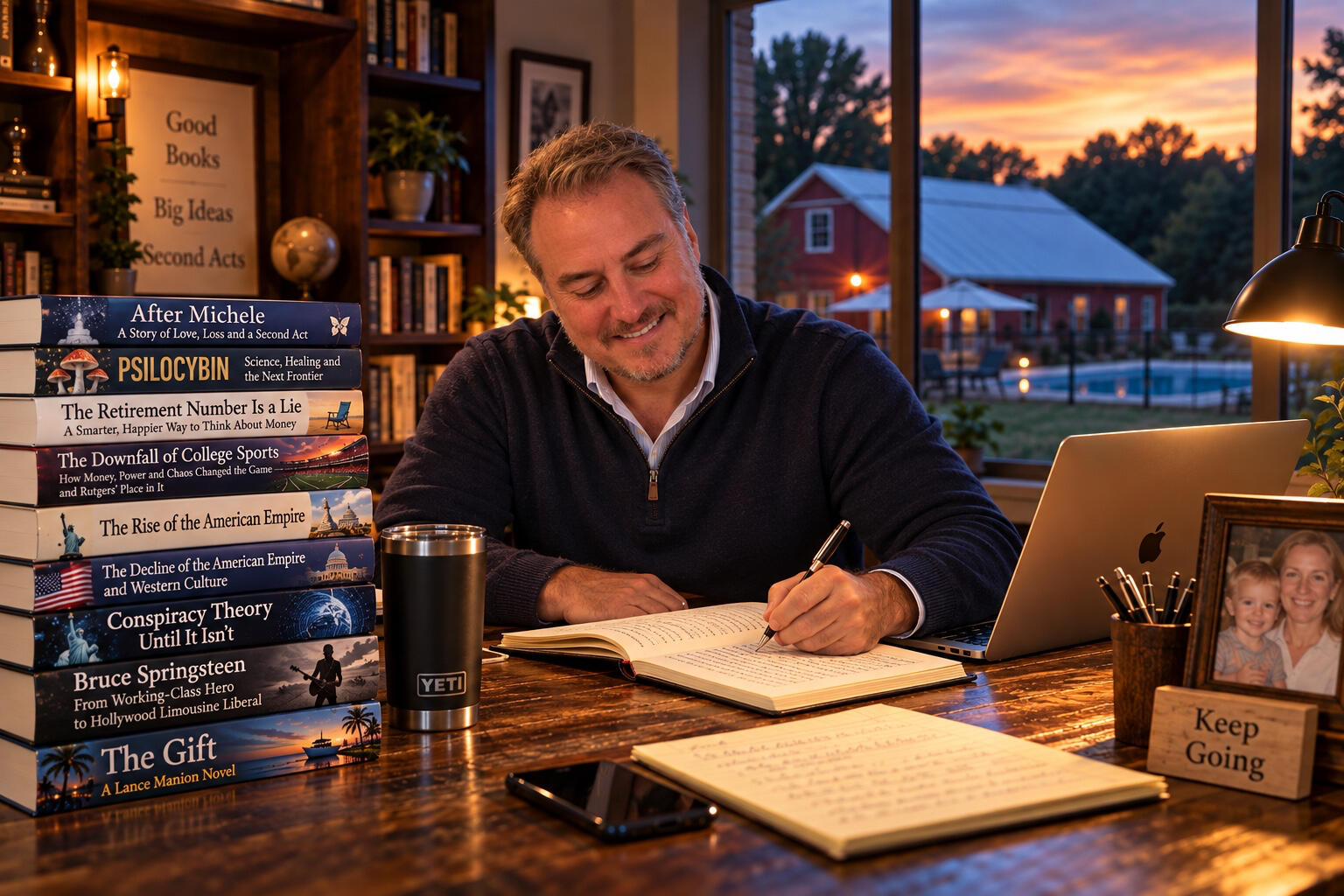 Ed Chonko — Author & Publisher Author Ed Chonko writing at his desk, surrounded by books representing his publishing projects.